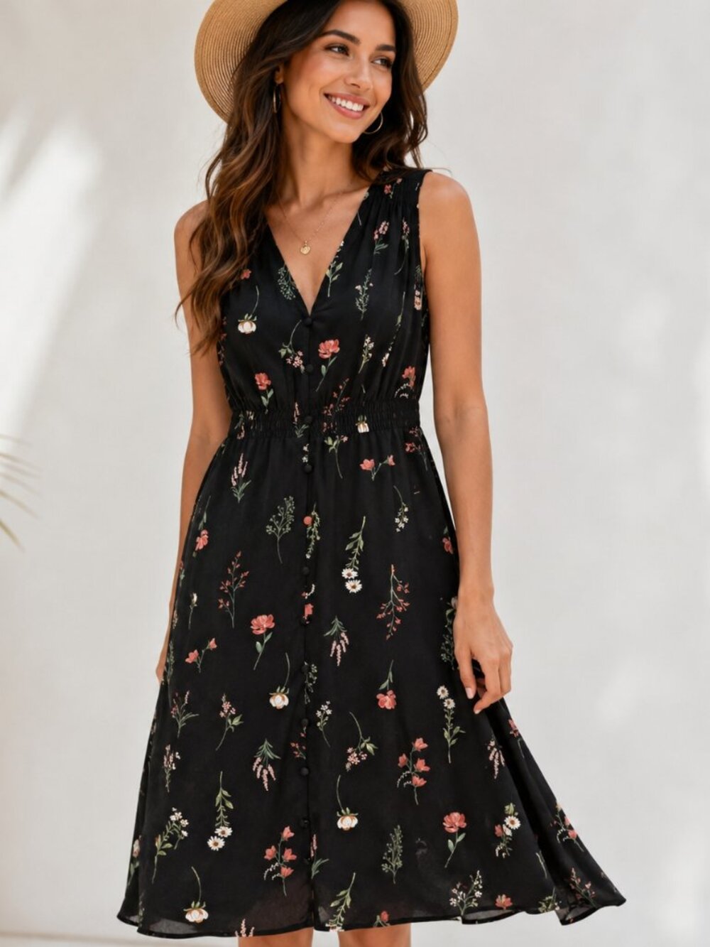Suzy Shier Summer Dress Full Lenght Black Florial Sleeveless Elastic Waist Sz M